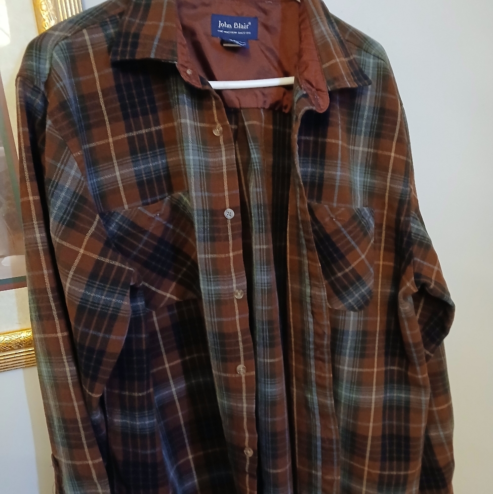 John Blair‎ Acrylic Long Sleeve Flannel Men’s Large Regular Plaid Rust Brown